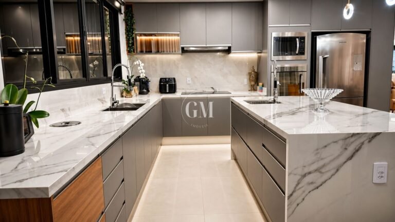Cozinha gourmet planejada em mármore com eletrodomésticos embutidos