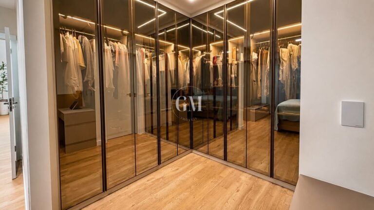 Closet espelhado da suíte master com iluminação embutida